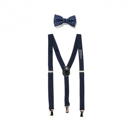 Boy's Custom Monogrammed Tuxedo Suspender And Bowtie Attire - Navy Blue Dot Se