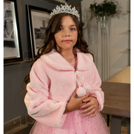 Elegant Flower Girl Fur Coat - long sleeves - Pink & White