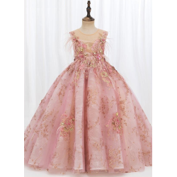 Luxury Shades of Pink Princess Dress with Floral Design and Feathers