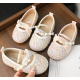 Cute Rhinestones Light Pink/ White Low Heel Shoes with Pearls and Tulle Ribbon Belt