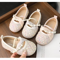 Cute Rhinestones Light Pink/ White Low Heel Shoes with Pearls and Tulle Ribbon Belt