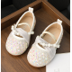 Cute Rhinestones Light Pink/ White Low Heel Shoes with Pearls and Tulle Ribbon Belt