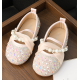 Cute Rhinestones Light Pink/ White Low Heel Shoes with Pearls and Tulle Ribbon Belt