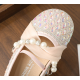 Cute Rhinestones Light Pink/ White Low Heel Shoes with Pearls and Tulle Ribbon Belt